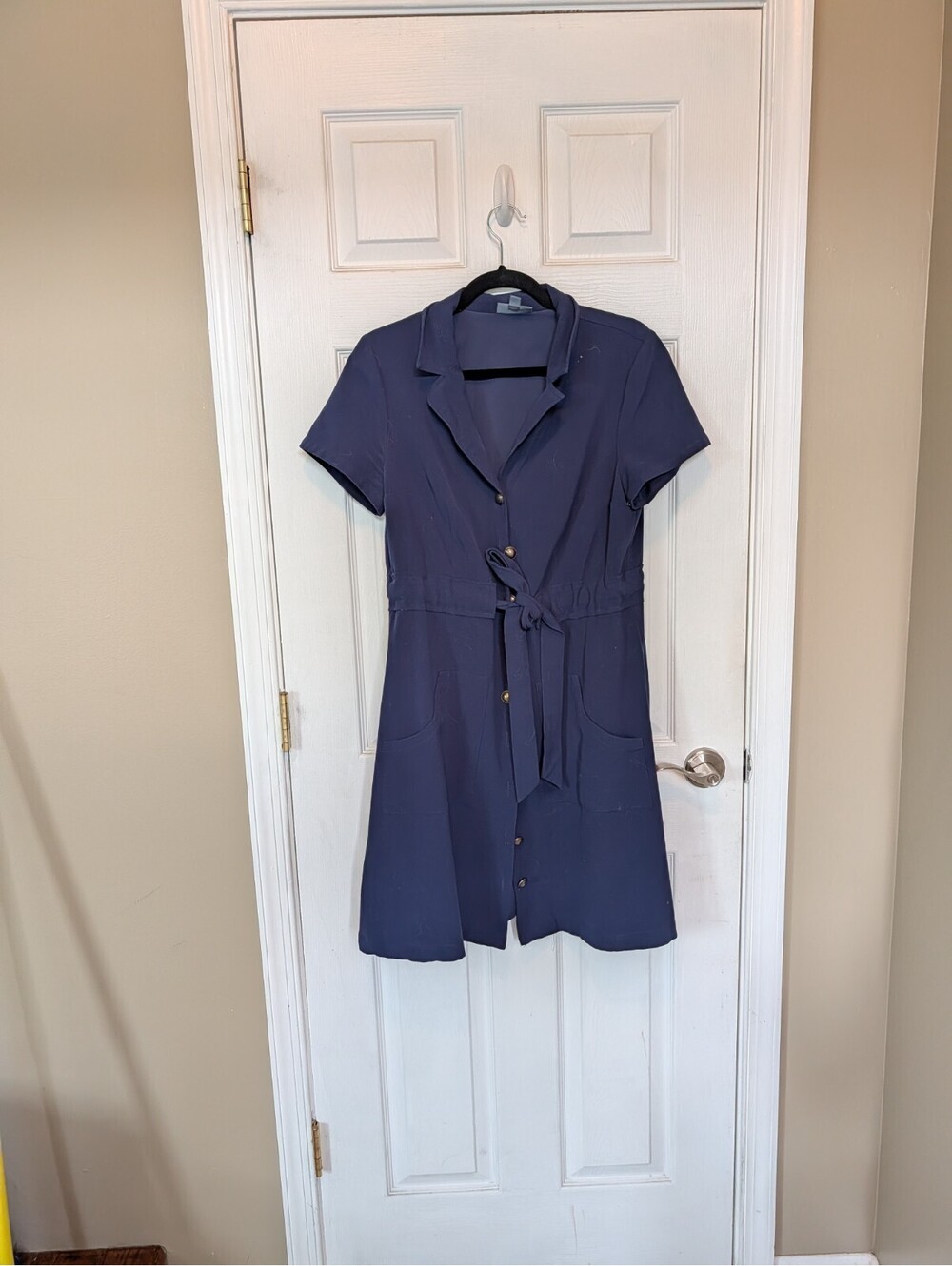 ModCloth Navy Dress With Brass Buttons Tie Waist And Pockets Size Large